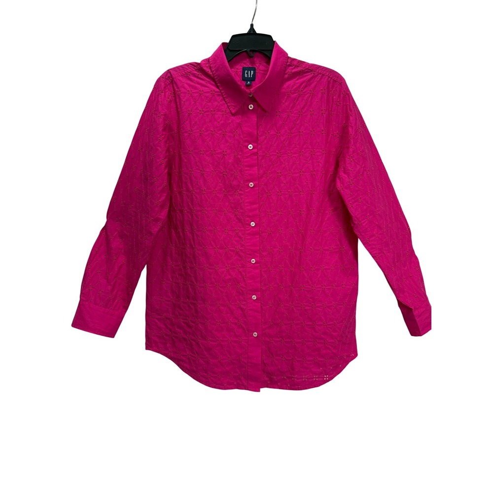 Gap Eyelet Button Down Shirt M Hot Pink EUC Boyfriend Cotton Summer Cute Preppy